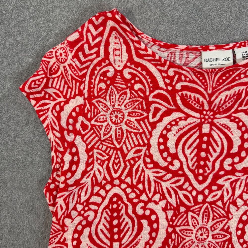 Rachel Zoe Linen Tee Shirt Women's Medium Button Side Red/White Print - Picture 2 of 8